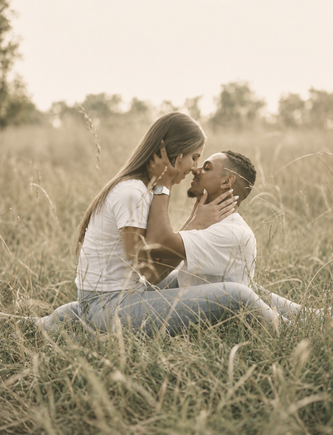 Chad and Jenn sharing a quiet moment in a field