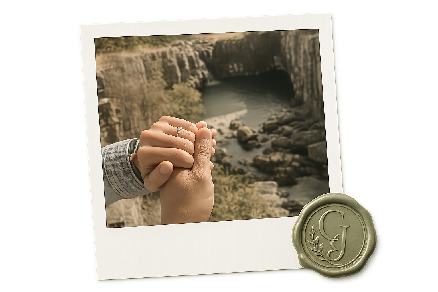 Chad and Jenn holding hands after the proposal near the waterfall
